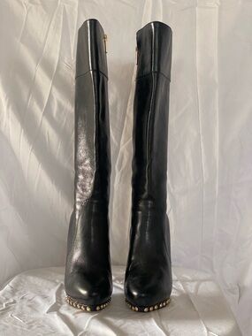 Michael Kors Ailee Black Leather Gold Studded Tall Boots